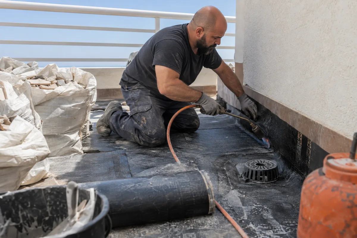 Operario sellando con soplete la lámina impermeabilizante en el encuentro de una terraza con la pared