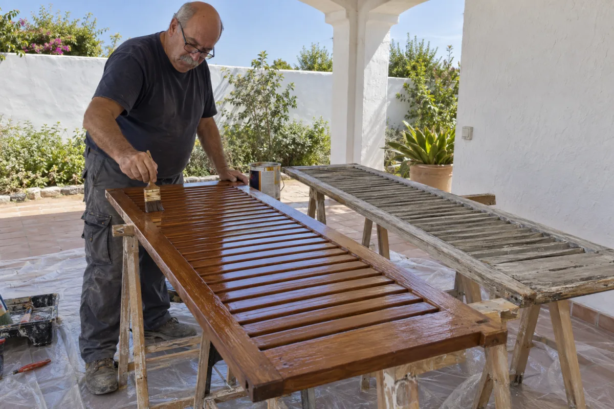 Pintor barnizando contraventanas de madera sobre caballetes en el porche de una villa