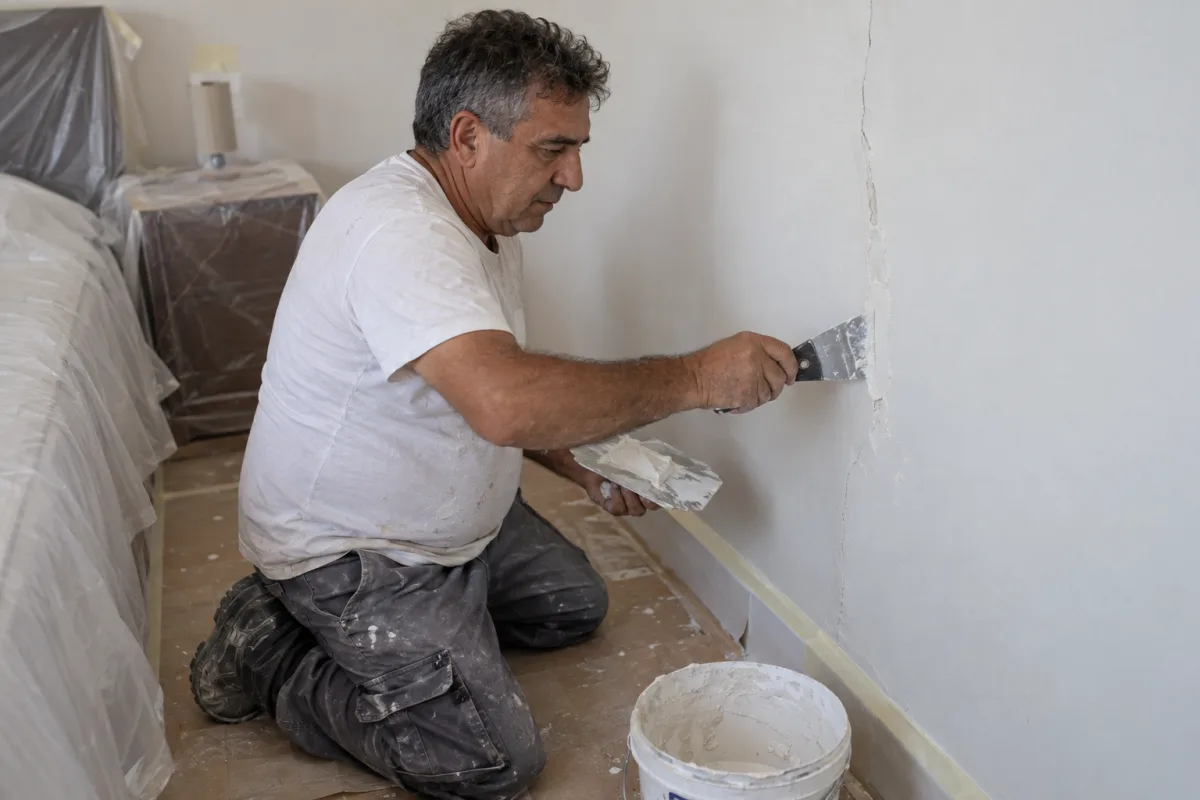Pintor rellenando con espátula una grieta de la pared de un dormitorio antes de pintar, con la cama protegida