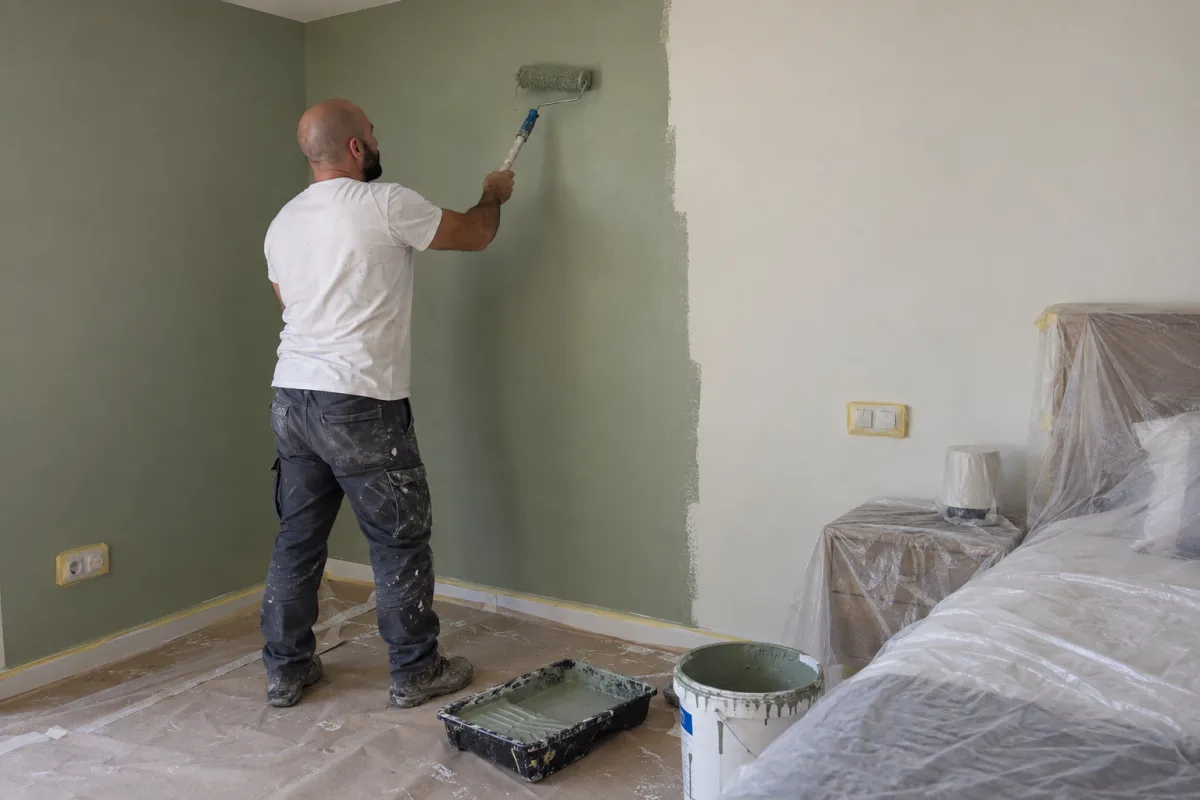 Pintor dando la segunda mano de verde a la pared de un dormitorio, con la cama y el suelo protegidos