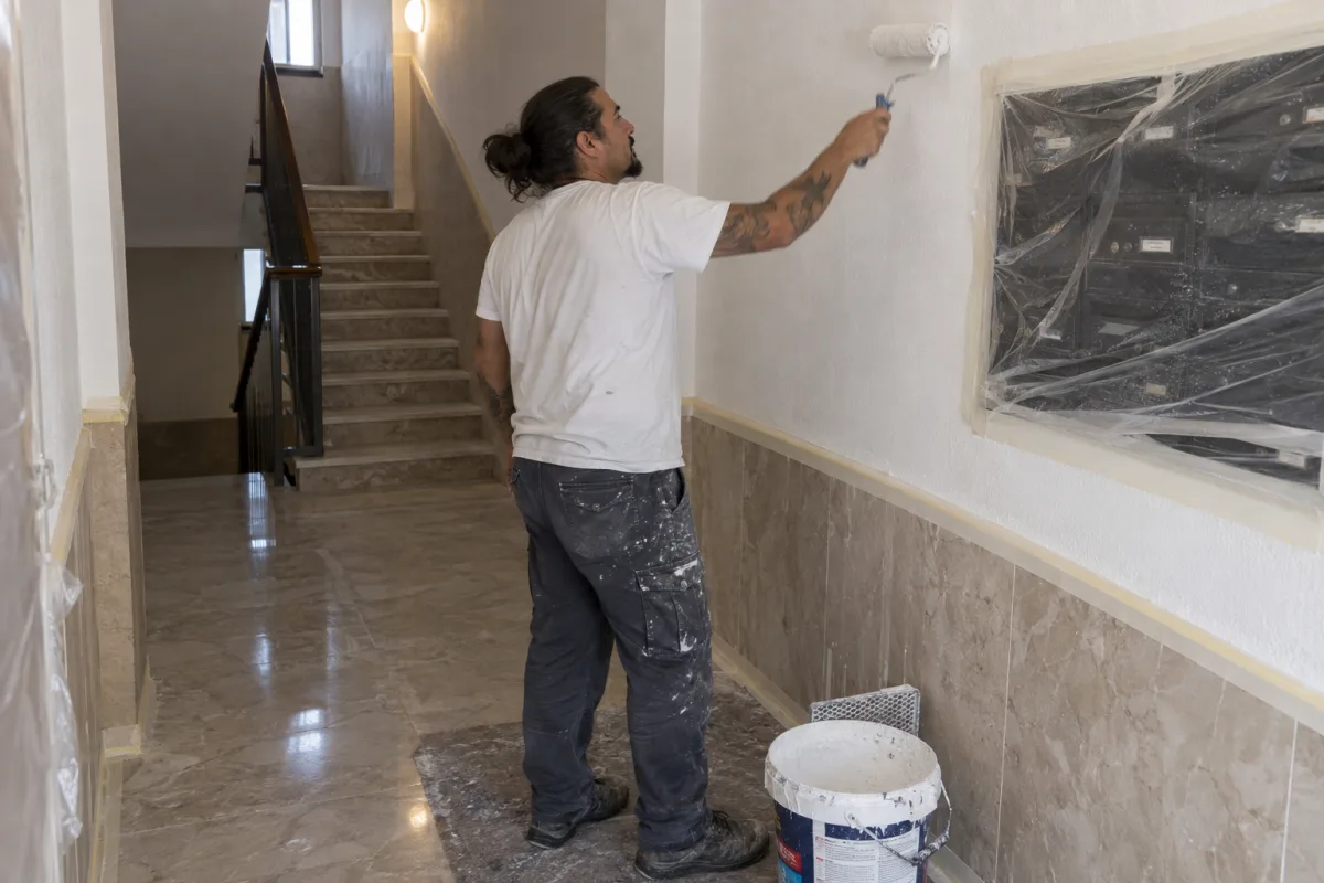 Pintor pintando el portal de una comunidad, con los buzones y el zócalo de mármol protegidos
