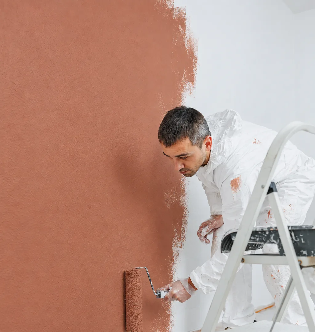 Pintor dando la primera mano con rodillo, con el suelo protegido con plástico