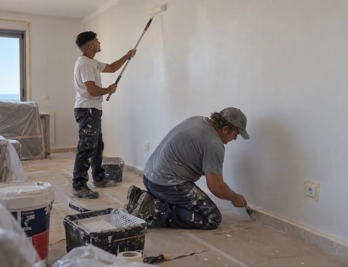 Dos pintores pintando un salón: uno recorta el rodapié con brocha y el otro da rodillo a la pared, con los muebles protegidos