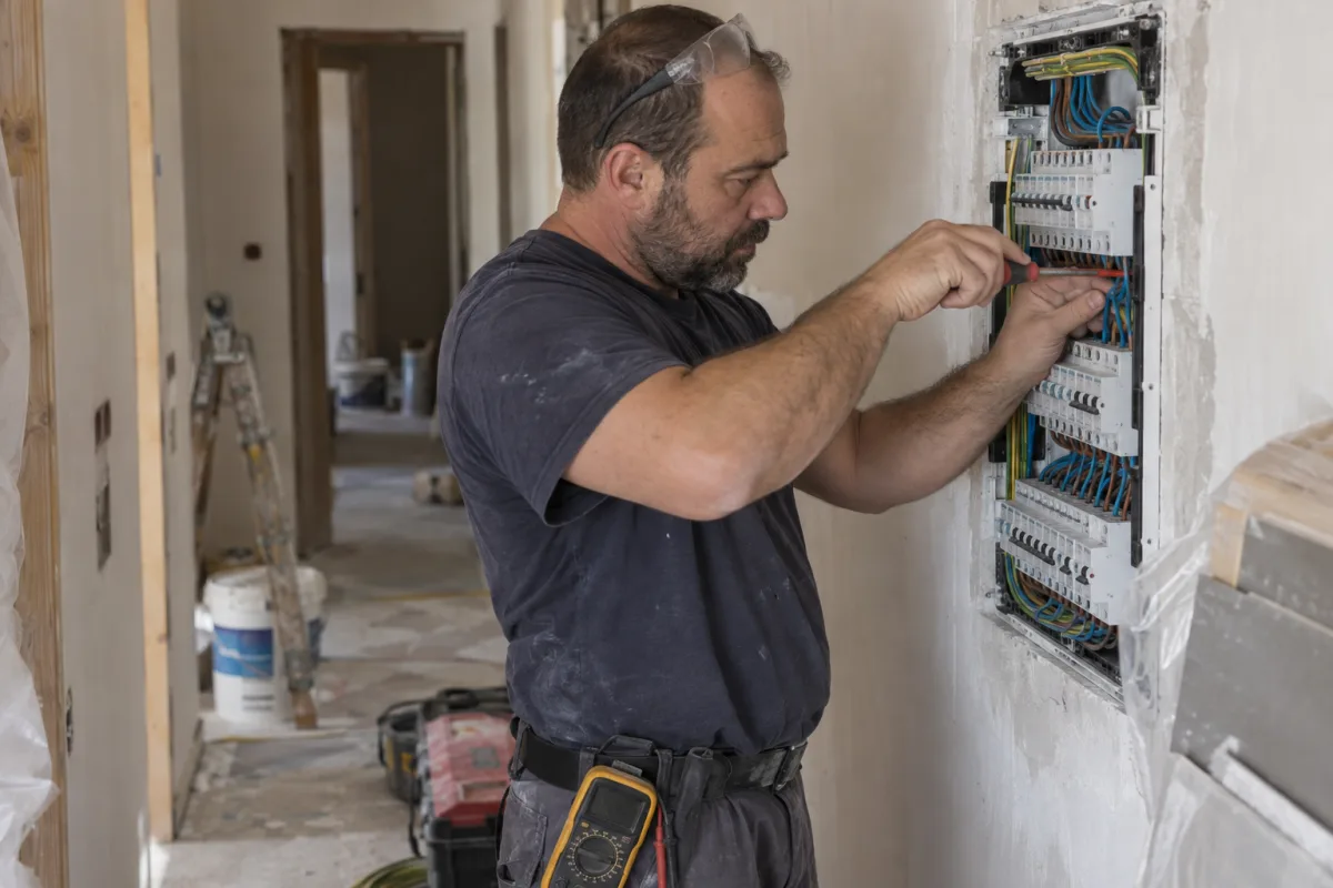 Electricista conectando los diferenciales de un cuadro eléctrico nuevo en una vivienda en reforma
