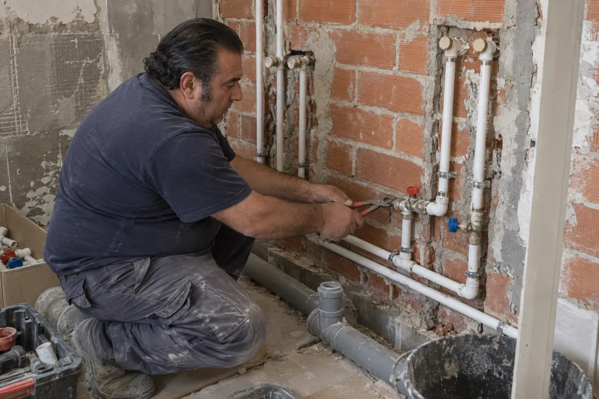 Fontanero apretando las llaves de paso de las tuberías nuevas de un baño en reforma, con la pared de ladrillo abierta