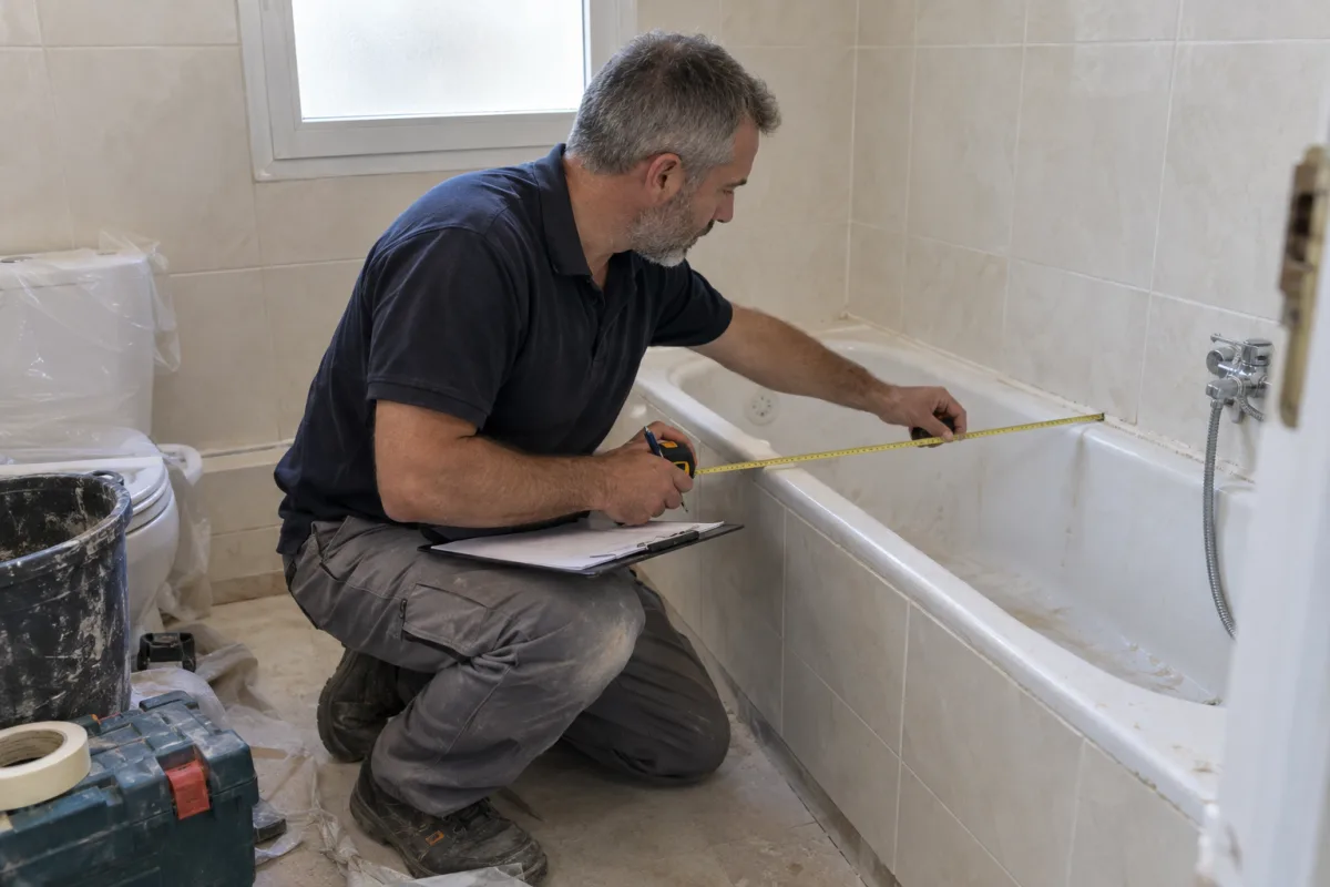 El jefe de obra midiendo una bañera antigua antes de cambiarla por un plato de ducha