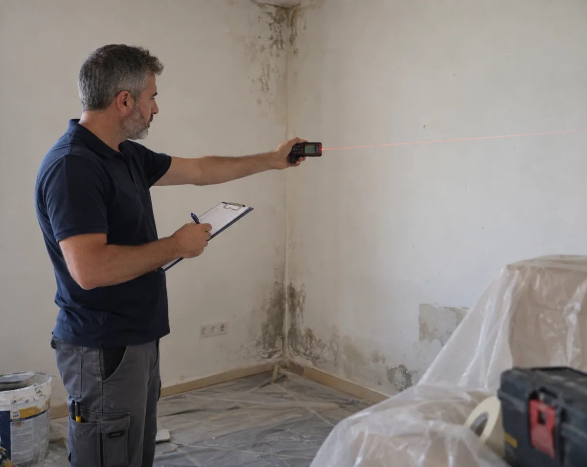 El jefe de obra midiendo con un medidor láser la pared de un dormitorio