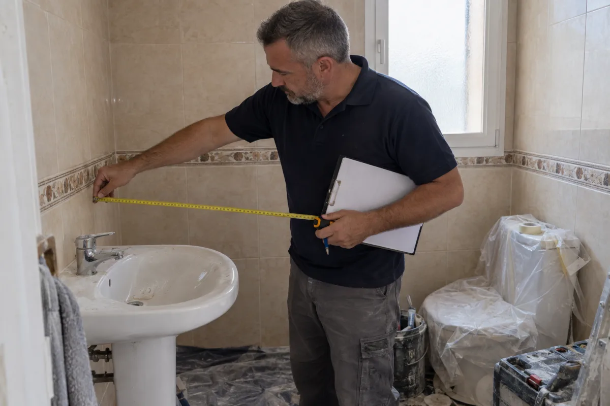El jefe de obra midiendo un baño antiguo en la visita para presupuestar