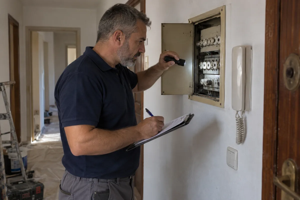 El jefe de obra revisando con una linterna un cuadro eléctrico antiguo