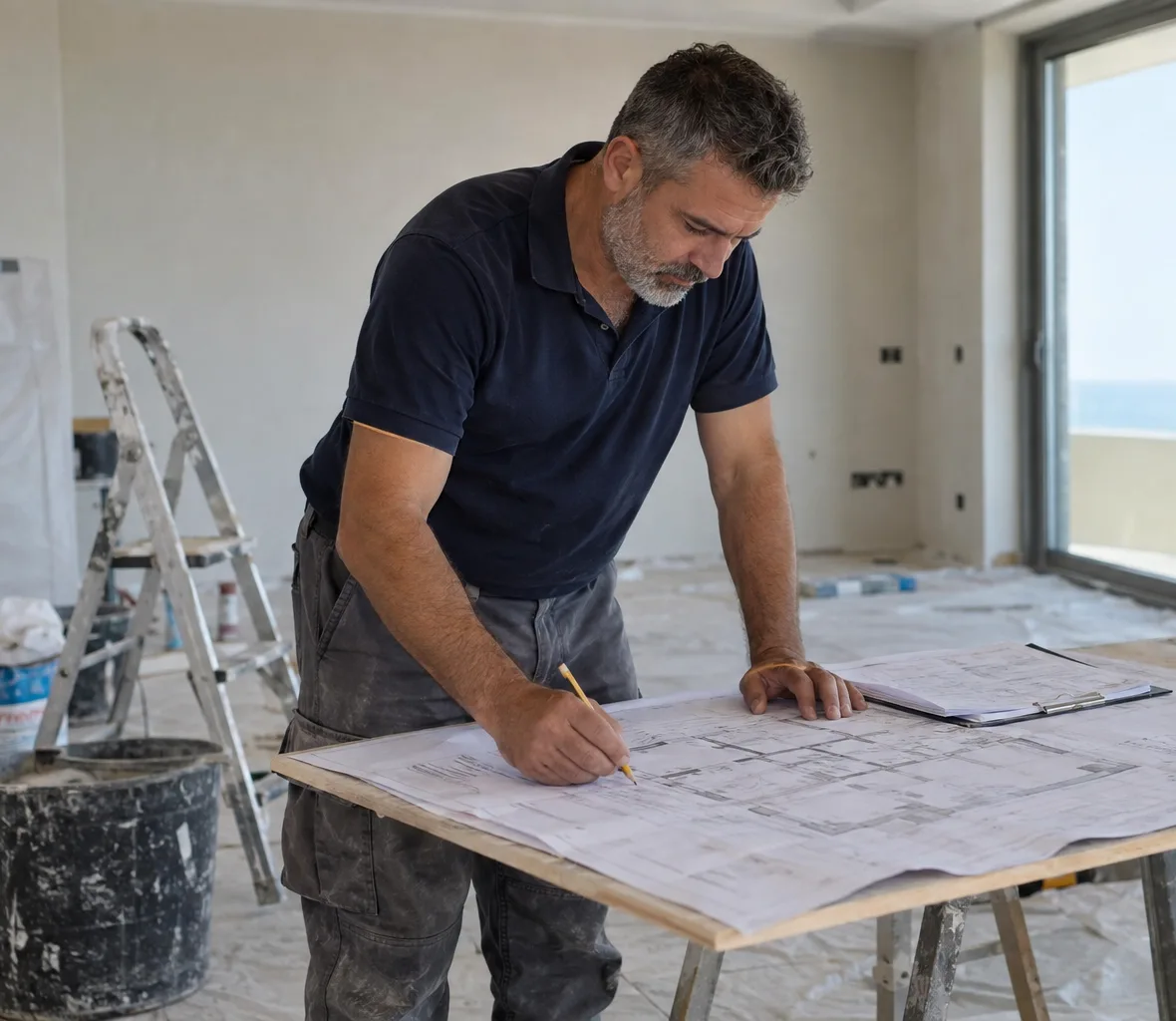 El jefe de obra repasando los planos de la reforma en el salón de una villa